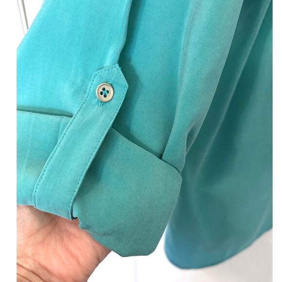Chico's Wms Sz 1/Med Teal Tunic Top Roll Tab Sleeve  Quarter Zip Front Casual - Picture 6 of 8